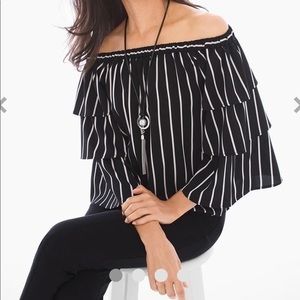 Chicos Top Womens Black White Stripe‎ Off Shoulder Short Layer Flared A19